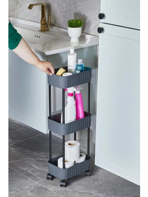Mikasso Petek Tekerlekli Çok Amaçlı 3 Katlı Lavabo Altı Mutfak Banyo Düzenleyici Raf Ünitesi (Antrasit) Plas