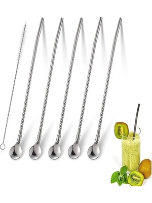 Mikasso Paslanmaz Krom Pipetli Kokteyl Bar Kaşığı ve Temizleme Fırçası – 2’si 1 Arada Gümüş Renk Çelik Metal