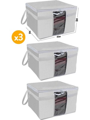 Mikasso 3 Adet - Pencereli Kazak Hurcu 45 x 40 x 30 cm - Gri Halat Desen Polipropilen 50 x 45 Beyaz