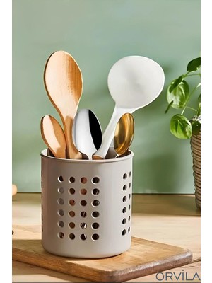 Mikasso Kaşıklık - Tezgah Üstü Delikli Kaşıklık-Kepçe-Bıçak Kurutmalık Düzenleyici Organizer Plastik Bej