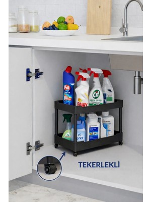 Mikasso 2 Katlı Tekerlekli Düzenleyici Deterjanlık Mutfak , Banyo Rafı, Dolap , Tezgah , Evye Altı Plastik 4