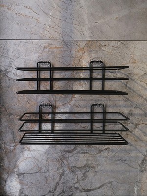 Mikasso Yapışkanlı Kancalı Baharatlık Mutfak Rafı Düzenleyici 2 Adet Raf Siyah Alüminyum