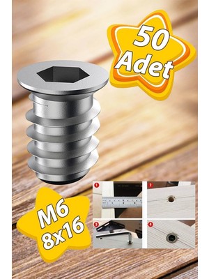 Mikasso Metal Düz Dişli Dübel Ahşap Dübeli M6 8X16 Diş Çinko Mobilya Bağlantı Ünite Birleştirme (50 Adet) Be