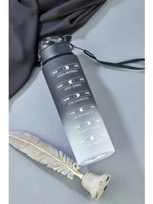 Mikasso Zaman Çizelgeli Motivasyon Yazılı Siyah Mat Suluk Taşınabilir Su Matarası Spor ve Ofis Için 800ML Si