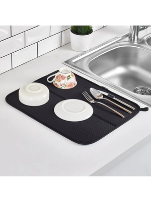 Mikasso Bulaşık Kurutma Örtüsü Nanofiber Bulaşık Matı Kurulama Bezi Yüksek Emici Bulaşık Örtüsü Siyah Plasti