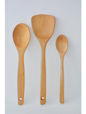 Mikasso Ahşap Kaşık 3lü Tahta Kaşık Spatula Çelik Kahverengi