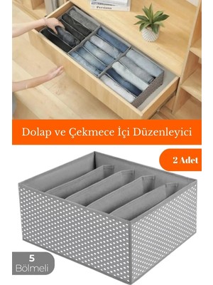Mikasso 2 Adet - 5 Bölmeli Dolap ve Çekmece Içi Düzenleyici Saklama Kutusu Organizer - Gri Benekli Kumaş 35