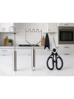 Mikasso Paslanmaz Çelik 3'lü Set Patates Ezici, Basmalı Çırpıcı ve Mutfak Makası Seti – Ergonomik Sap Paslan