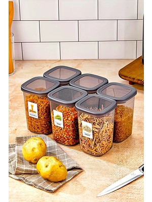 Mikasso 6 Adet Etiketli Square Kare Erzak Saklama Kabı Seti 1200 ml - Sert Kapak 1.2 Litre Plastik