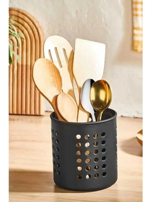 Mikasso Plastik Siyah Silindir Delikli Dik Kaşıklık Tezgah Üstü Kaşıklık Standı Siyah Plastik Siyah