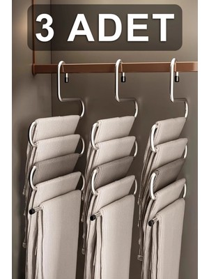 Mikasso 3 Adet 5 Katlı Metal Pantolon ve Şal Askısı Dolap Içi Eşarp Askısı Çoklu Askılık Metal Inox Tr