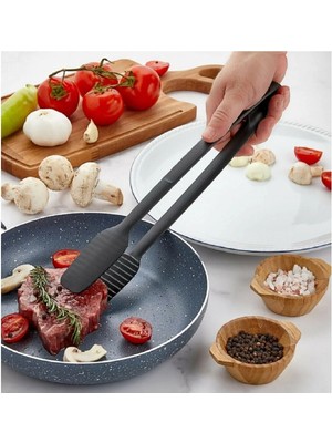 Mikasso Servis ve Izgara Maşası Yanmaz Yapışmaz Silikon Maşa Kaymaz Barbekü Maşası Plastik Siyah