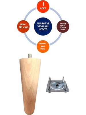 Mikasso Ahşap Konik Ayak 18 cm Gürgen Koltuk-Baza-Tv Ünitesi- Mobilya Ayağı- Çap:4.6 cm Yeşil Tekli Baza Aya