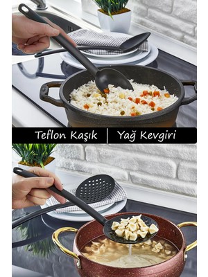 Mikasso 2'li Teflon Yağ Kevgiri ve Kaşık Seti, Yanmaz Yapışmaz Pratik Mutfak Servis Seti Plastik Siyah