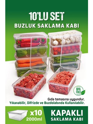 Mikasso 10 Adet Sızdırmaz Kapaklı Derin Dondurucuya Mikrodalgaya Uygun Saklama Kabı 2 Litre Plastik 50 x 70