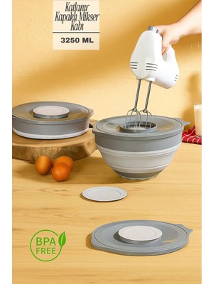 Mikasso Katlanır Mikser Karıştırma Kabı ve Kapaklı Saklama Kabı , Katlanabilir Saklama Kabı Plastik Gri
