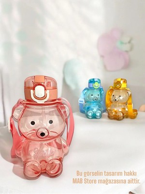 Mikasso Sevimli Ayıcık Figürlü Su Matarası - Ayıcıklı Smile Şeffaf Suluk Okul Su Şişesi 700ML Pembe Plastik