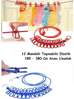 Mikasso Taşınabilir Elastik Çamaşır Ipi Pratik Çamaşır Asma Ipi 12 Mandallı 185-380 cm Uzunluk 2