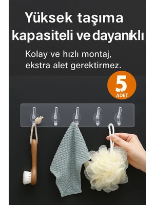 Mikasso 5'li Kendinden Yapışkanlı Şeffaf Askı, Kapı Askısı, Duvar Askısı, Banyo Askılık Beyaz