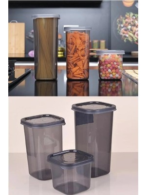 Mikasso 3’lü Dik Sızdırmaz Kapaklı Erzak Saklama Kabı Seti Antrasit 1750ML - 1200ML - 550ML Plastik Gri