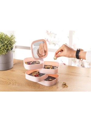 Mikasso 4 Katlı Aynalı Kare 360 Derece Dönebilen Takı Organizer Kutusu Pembe Plastik Pembe Tr