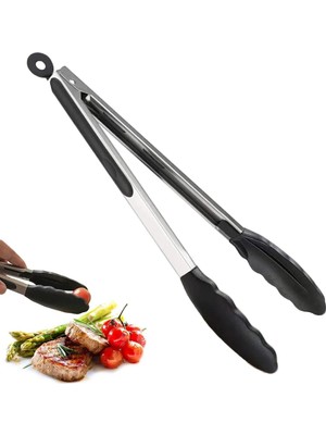 Mikasso Paslanmaz Çelik Silikon Uclu Maşa Izgara Maşası Yemek Maşası Salata Maşası Tutamak Çelik Siyah