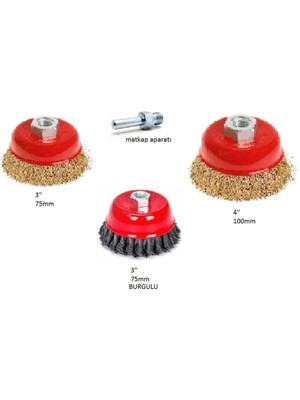 Mikasso 4 Parça Çanak Tel Fırça Set 75MM ve 100MM Saçaklı Çanak Tel F
