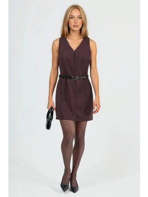 Hiccup Kadın V Yakalı A Kesim Mini Elbise Koyu Mocha Kahve