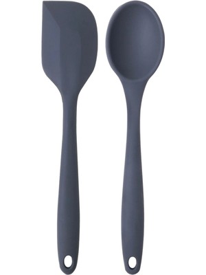 Mikasso Büyük Boy Yanmaz Yapışmaz Antrasit Düz Spatula ve Kaşık Seti 2'li Silikon Siyah