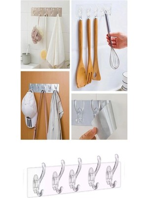 Mikasso 5'li Yapışkanlı Şeffaf Duvar Askısı Banyo Mutfak Düzenleyici Askı Pratik Kanca Askılık Mutfak Askı P