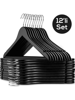 Mikasso A Plus Ahşap Görünümlü Askı 12 Adet Siyah Gümüş Elbise Askısı Pantalon Gömlek Askısı Plastik Siyah T