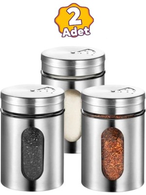 Mikasso 2 Adet Paslanmaz Çelik Kaplamalı Lüks Baharatlık Cam Tuzluk Karabiberlik Çelik Gri