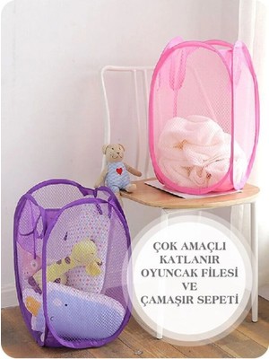 Mikasso Çok Amaçlı Katlanır Oyuncak Filesi ve Pratik Çamaşır Sepeti Hurç Kumaş Mor