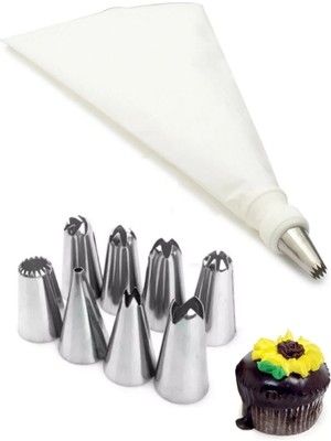 Mikasso Krema Sıkma Torbası Seti 10 Parça Pasta Krema Kek Süsleme Torbası Paslanmaz Çelik Uçlu Plastik