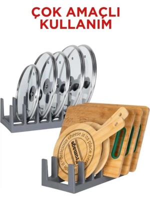 Mikasso 1 Adet Tencere Kapağı Organizeri - 6 Bölmeli Tencere Kapak Rafı Antrasit- Ecolux Plastik Gri