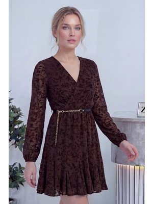 Thezkscom-Kadın Kemerli Kruvaze Yaka Desenli Elbise Kahverengi, Siyah