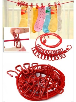 Mikasso 12 Mandallı Taşınabilir Elastik Çamaşır Ipi 185-380 cm Uzunluk Pratik Çamaşır Asma Ipi 2 Cn