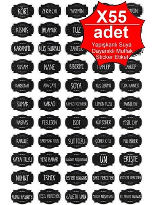 Mikasso Mutfak Baharatlık Bakliyat Kavanoz Etiketi Yapışkanlı Selefonlu Suya Dayanıklı 55 Li Sticker Etiket