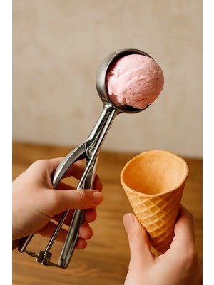 Mikasso Orta Boy Paslanmaz Çelik Dondurma Kaşığı – Pratik Yaylı Mekanizmalı Paslanmaz Çelik Gri