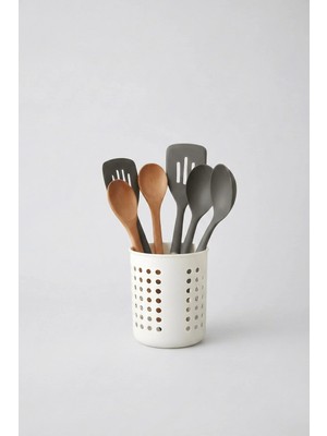 Mikasso Beyaz - A+ Silindir Kaşıklık – Tezgah Üstü Servis Standı, Su Gider Delikli, Plastik Düzenleyici Plas