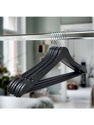 Mikasso Ahşap Görünümlü Askı Elbise Askısı Siyah 6 Adet Ahşap Siyah