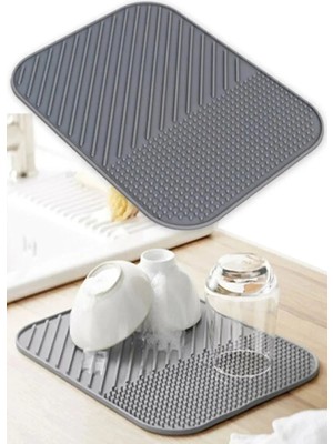 Mikasso Su Tutucu Bulaşıklık Kurutmalık Musluk Matı Mutfak ve Musluk Tezgah Üstü Mat Plastik Gri