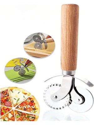 Mikasso Ahşap Saplı Hamur ve Pizza Kesme Ruleti Pizza Cutter 2'li Hamur-Pizza Kesme Ruleti 1 Adet Çelik