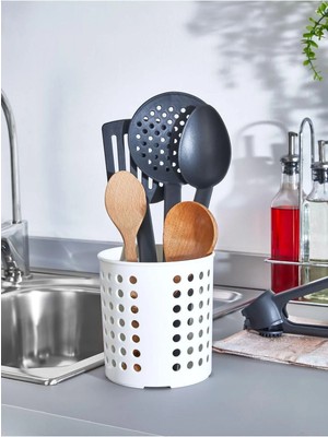 Mikasso Plastik Silindir Dik Kaşıklık & Tezgah Üstü Düzenleyici & Servis Standı Plastik Beyaz