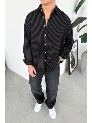 HAFKA Siyah Çizgili Oversize Keten Gömlek