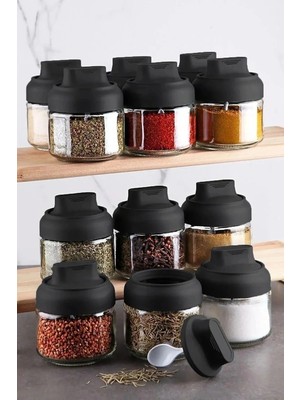 Mikasso 3 Adet Kilitlenebilir Kapaklı (Kapağı Kendinden Kaşıklı) - Kilitli Cam Baharatlık Takımı 220 ml Cam