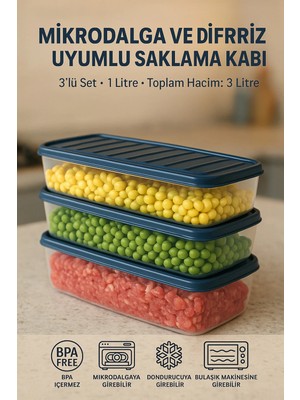 Mikasso 1 Litre Buzdolabı Düzenleyici Organizer Mikrodalgaya Uygun Difriz Saklama Kabı Toplam 3litre Plastik
