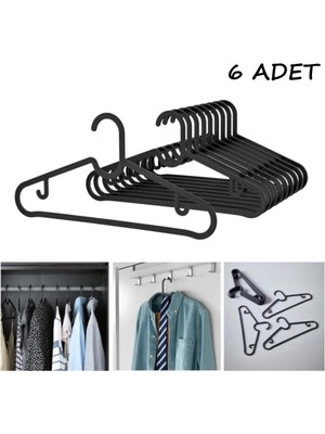 Mikasso Plastik Giysi Askısı Esnek Kırılmaz Plastik Dolap Askısı 6 Adet Plastik Siyah