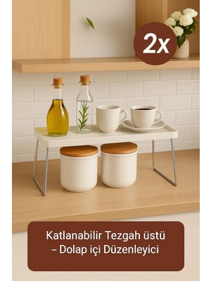 Mikasso 2'li Set Katlanabilir Tezgah Üstü ve Dolap Içi Raf Düzenleyici Organizer Plastik Beyaz Tr