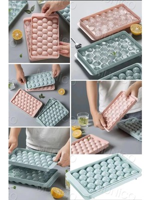 Mikasso 3D Yuvarlak Buz Küpü Tepsisi Kapaklı Plastik Elmas Küresel Stil Buz Kalıbı 33'lü Buz Kalıbı Yapışmaz